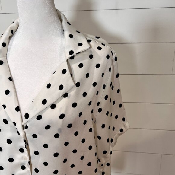 Q2 Silky Ivory w/Black Polka Dots Button Down Blouse Size L - Picture 2 of 5